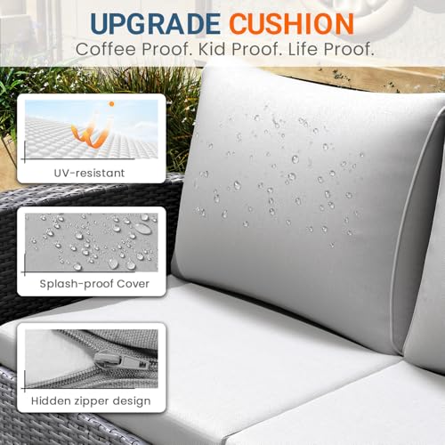 Image of Wisteria Lane 4 Piece Patio Furniture Set, Wicker Outdoor Patio Conversation Furniture Set, All Weather Outdoor Patio Sofa with Cushion and Glass Table, Light Gray