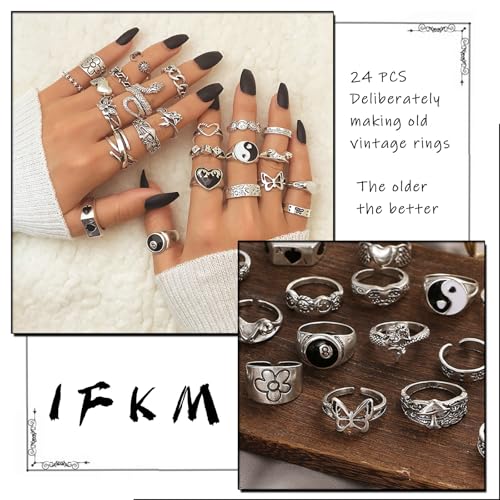 Image of IFKM Vintage Silver Knuckle Rings Set for Women, Stackable Joint Finger Statement Rings Bohemian Retro Hollow Carved Midi Rings, Boho Halloween Skeleton Skull Snake Heart Chunky Stacking Rings Pack