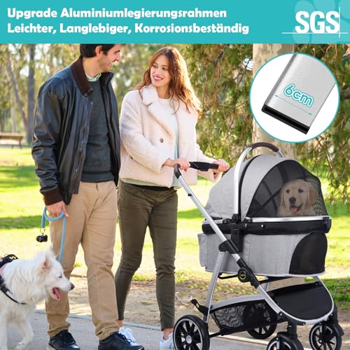 DAISTERN Hundebuggy Hundewagen Klappbar bis 25KG, Hundetrolley Faltbar mit Rahmen aus Aluminiumlegierung, 360° drehbare Gummireifen, Hinterradbremsen, Sicherheitsleine und Bequemes Sitzkissen Grau