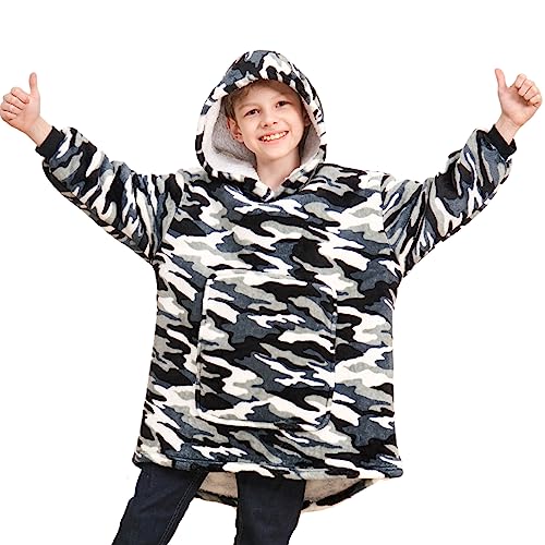 FZOSM Game Controller Sherpa-Lined Kids' Wearable Blanket Hoodie (Grey-Camo)