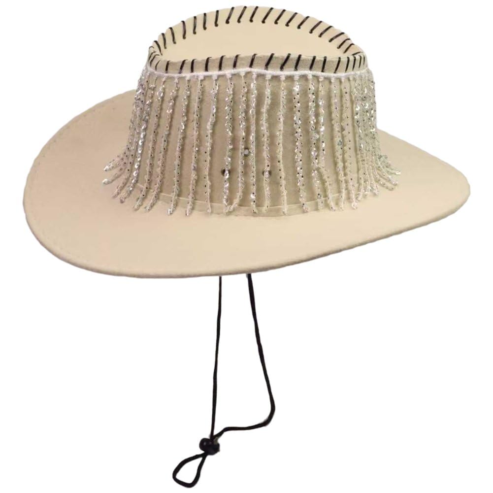 Sofezdo Unisex Cowboy Hat Summer Wide Brim Rhinestone Fringe Cowgirl Hat Sun Protection Party Performance Fedora Hat
