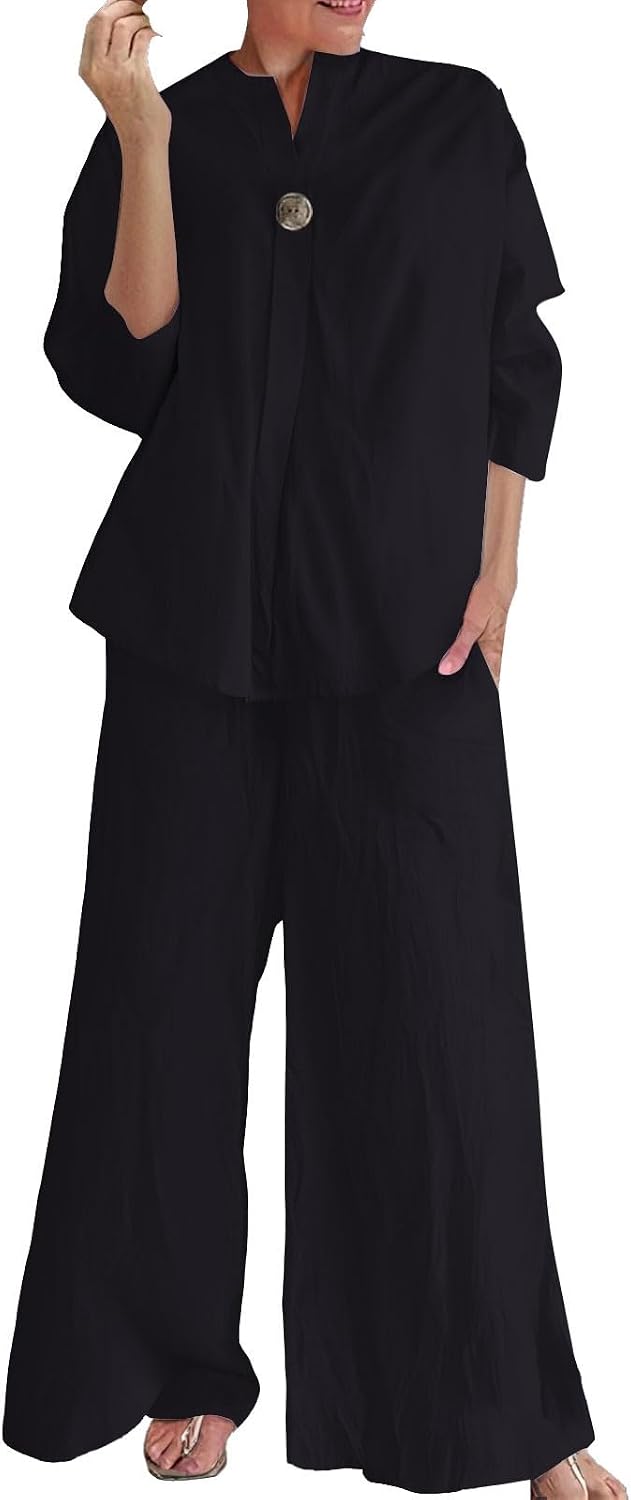 Women's Linen Shirt 3/4 Sleeves Button Down V Neck Solid Blouse and Capri Cotton Wide Leg Outfits