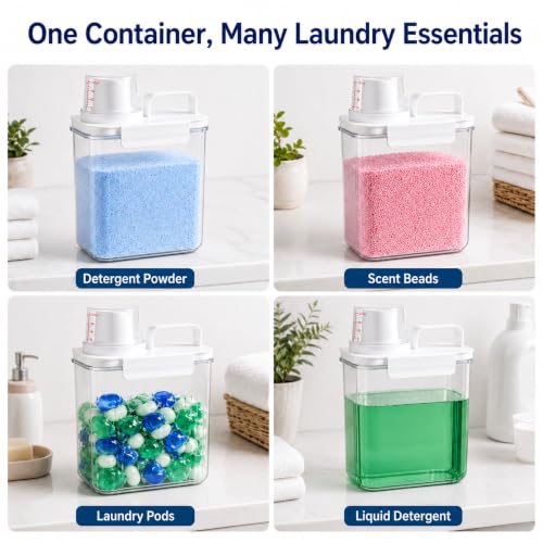 Image of PRAZA Laundry Detergent Storage Container 1800 ML with Measuring Cup Lid, Airtight Washing Powder Storage Box, Clear Plastic Organizer for Laundry Powder, Pods, Beads, Bathroom & Laundry Room