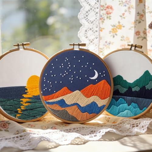 Image of Embroidery Kits for Beginners Adults, Stamped Cross Stitch kits for Adult Beginners Embroidery Starter Kit with Pattern, 3 Embroidery Hoop and Fabric, Needles Threads (Attached Teaching Video QR Code)