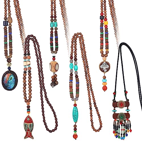 6 Pcs Boho Long Necklaces for Women Vintage Wooden Necklace Handmade Retro Nepal Boho Jewelry Gifts