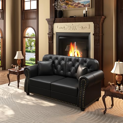 Image of KEIKI 63 inch Faux Leather Chesterfield Sofa with Rolled Arms & Nailhead Trim, Modern Style 2-Seater Button Tufted Couch with High Resilience Cushion & 2 Pillow, Easy Assembly, for Living Room, Black