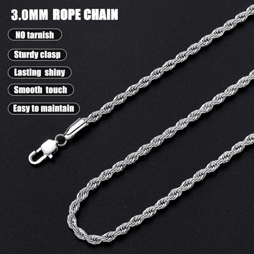 Fiusem 3mm Rope Chain Necklace for Men, Silver Tone Mens Chain Necklace, Stainless Steel Necklace Chain for Men Women - Image 6