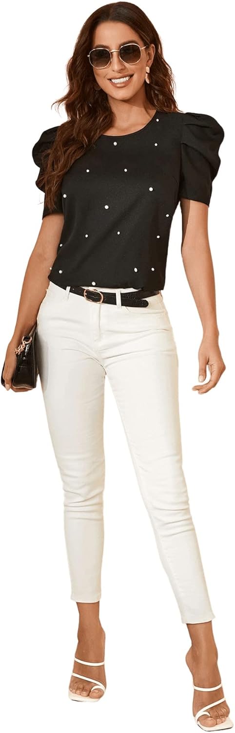 Verdusa Women's Elegant Puff Sleeve Pearls Beaded Round Neck Blouse Top - Image 5
