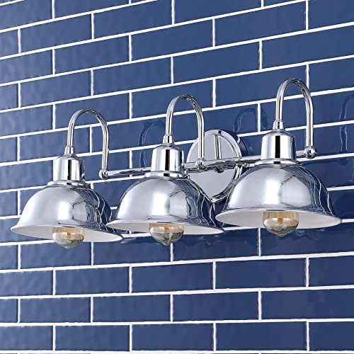 Image of JONATHAN Y 27 inch Chrome Farmhouse Industrial 1-Light LED Vanity Wall Sconce for Bathroom Mirror Kitchen, Metal Shade, Dimmable Vintage Lighting, LED Bulb Included (JYL7483A)