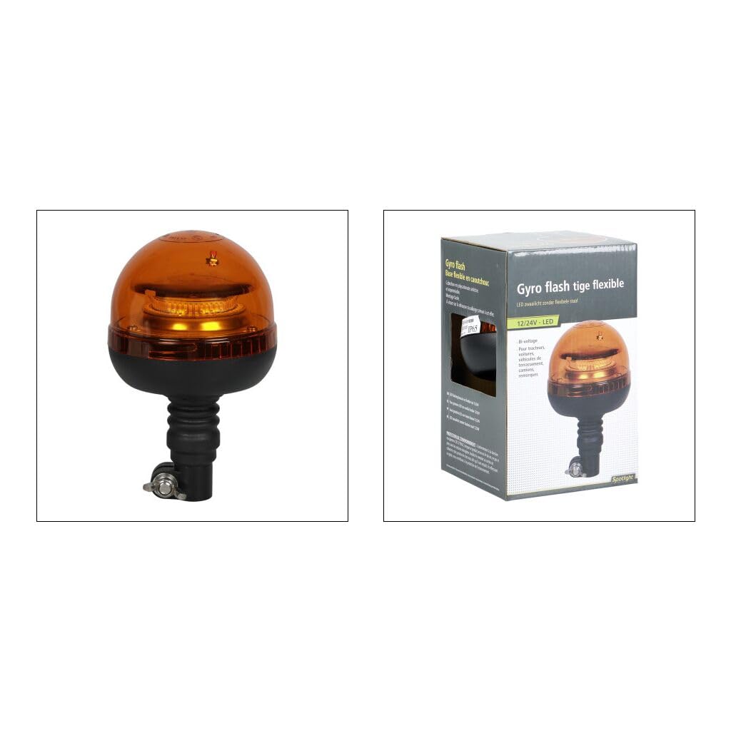 OROK 648162 Gyrophare Orange LED 12/24V Bi-Voltage – Gyroflash IP65 – Fixation sur Tige Flexible – Cabochon Polycarbonate Antichoc – Véhicule Agricole Utilitaire Chantier