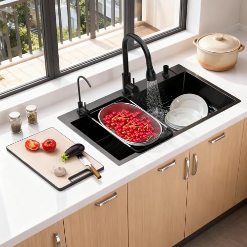 Evier cuisine 80 x 45cm, evier inox noir a encastrer ou a poser, evier multifonction bac simple avec robinet extractible, panier egouttage, distributeur savon...