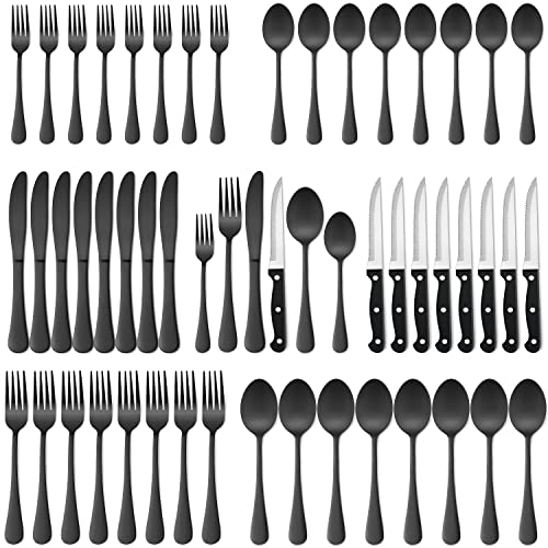 Matte Black Silverware Set with Steak Knives, 48-Piece HaWare Stainless Steel Flatware Cutlery Set Service for 8, Classic Design Eating Utensils Set, Include Knives, Forks, Spoons, Dishwasher Safe