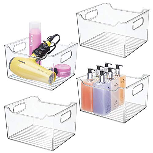 mDesign Deep Plastic Bathroom Vanity Storage Bin with Handles - Organizer for Hand Soap, Body Wash, Shampoo, Lotion, Conditioner, Hand Towel, Hair Brush, Mouthwash - 10  Long, 4 Pack - Clear