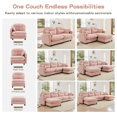 Image of KEIKI 107 inch U-Shaped Oversized Chenille Modular Sectional Sofa with 2 Ottoman, High-Density Foam Cushions, Tufted Pleated Cushion Backrest, Modern 3-Seater Couch with 2 Pillow, for Living Room, Pink