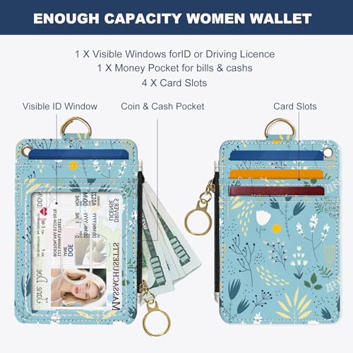 Image of Slim Wallet Credit Card Holder, Blue Floral Print, RFID Wallet Women Cute Small Front Pocket Wallet With Zipper, PU Leather Thin travel RFID Blocking Card Case ID Window,Ladies Gifts