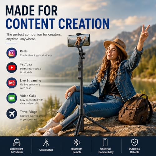 Image of HIFFIN H16 Creator Tripod Selfie Stick with Bluetooth Remote, 157cm Extendable Mobile Stand for Reels, Vlogging, YouTube & Travel Video Recording, Tripod Compatible with iPhone & Android