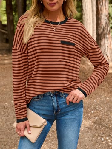 Image of LILLUSORY Womens Striped Soft Knit Pullover Sweater Loose Fit Shirts with Chest Pocket