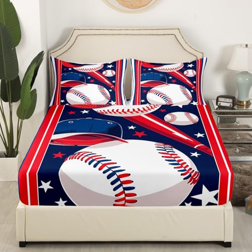 Baseball Fitted Sheet,Full Size Red and Navy Collections Ball Sports Lover Theme,Soft Decorative Fabric Bedding Deep Pocket for Children Teens Young Boys Girls,with 2 Pillowcases