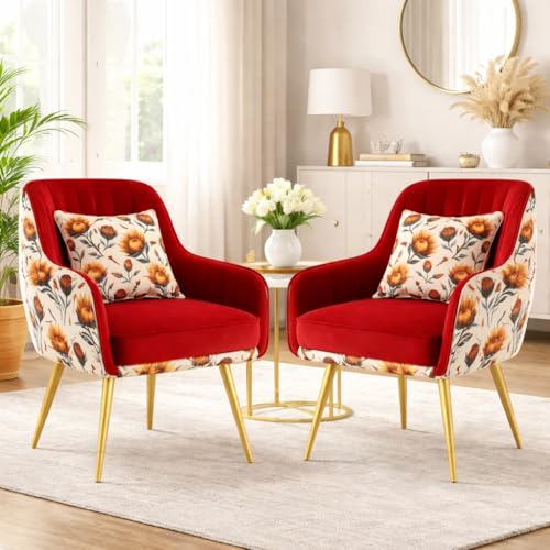 Image of Velvet Accent Chair | Luxury Upholstered Armchair with Sturdy Metal Legs | Modern Comfortable Chair for Living Room, Bedroom, Office, or Cafe (Golden Legs, Red Floral)