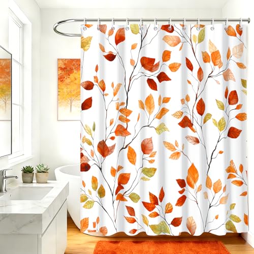 Hikio Brown Eucalyptus Leaves Shower Curtain Fall Leaf Bathroom Waterproof Shower Curtain Watercolor Plant Fabric Washable Bathroom Decor Set with Hooks 72x72 Inch