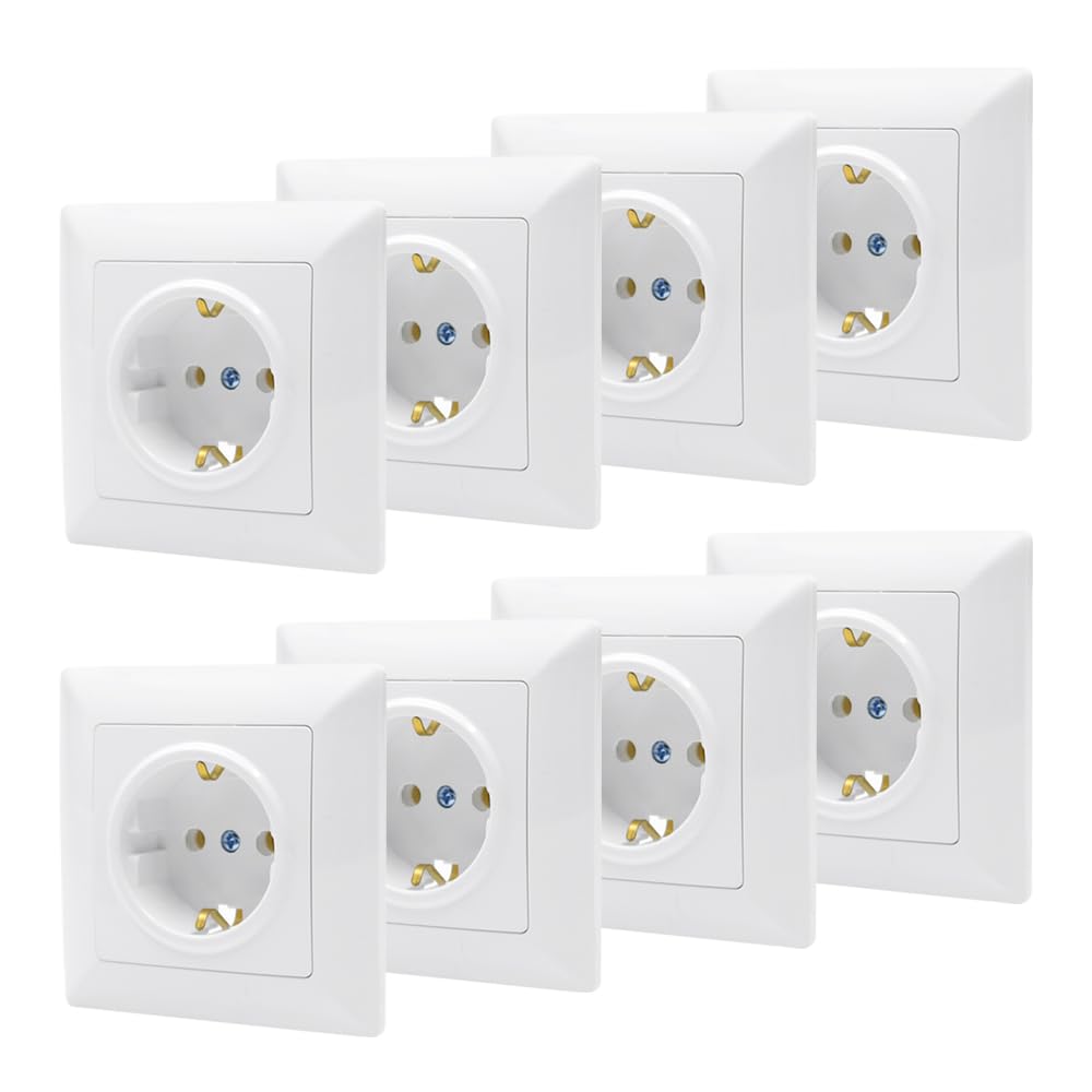 8 Piezas Enchufe de Empotrado Blanco Enchufes de Pared Schuko 16A 250V Enchufes Empotrables Estándar UE para Uso en Interiores (82 mm x 82 mm)