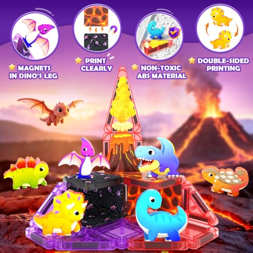 Image of Mini Magnetic Tiles Kids Dinosaur Toys, Magnetic Blocks with 6 Dinosaurs | Road Trip Essentials for Car & Airplane Magnet Tiles STEM Construction Building Toys, Gifts & Toys for Boys Girls Ages 3-12
