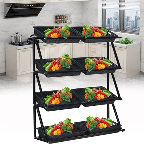 Regal für die Aufbewahrung von Einkaufskörben, Ständer für Obst- und Gemüsekörbe, Set mit Snack-Körben, 4/5-lagige Snack-Aufbewahrungswagen, Gemüse-Organizer, Schwarz, 4 Ebenen