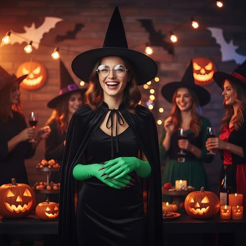 Halloween Elphaba Witch Costume Set Witch Hat&Green Claw Gloves&Glasses&Palette,Cape Costume Accessories for Wizard Cosplay — view 5