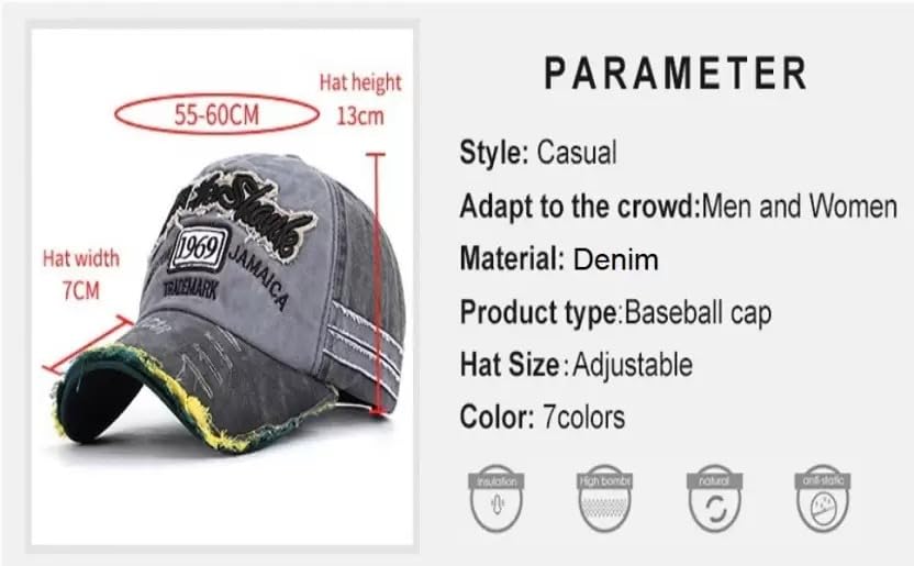 Image of 1969 Denim Washed Stylish Cap for Men Women with Brim (Fit to Head Size - Approx 54CM to 60CM)