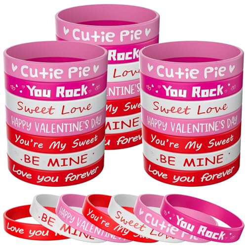 Morcheiong 42 Pieces Valentine's Day Party Favors Rubber Bracelets Pink Red Classic Silicone Wristbands for Kids Adults Valentine's Day Party Decorations