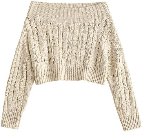 ZAFUL Women's Off Shoulder Cable Knit Crop Top Sweater - Long Sleeve Pullover with Batwing Sleeves