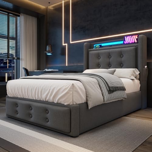Cama tapizada, cama individual, con cabecero LED y función de carga USB C, cama hidráulica con somier de láminas de madera y marco de metal, capacidad de carga de 150 kg, gris, algodón, 90 x 200 cm