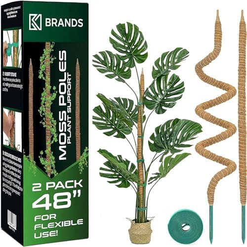 K-Brands Moss Pole (2 Pack, 122 cm/48 In/ 4 ft) - Bendable Monstera Plant Support - Cheese Plant Support Pole Sticks - Moss Poles for Climbing Plants - Plant Stakes Indoor with Ties