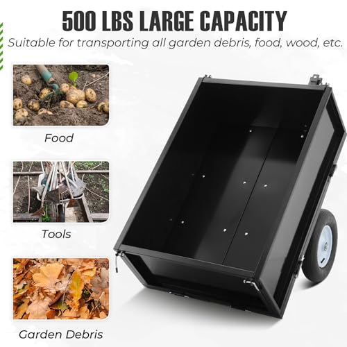 500 LBS Tow Behind ATV Trailer Dump Cart, Heavy Duty Pull Behind Yard Wagon Garden Cart with 2 Wheels, for Tractor, ATV, UTV, Outdoor Lawn Mower