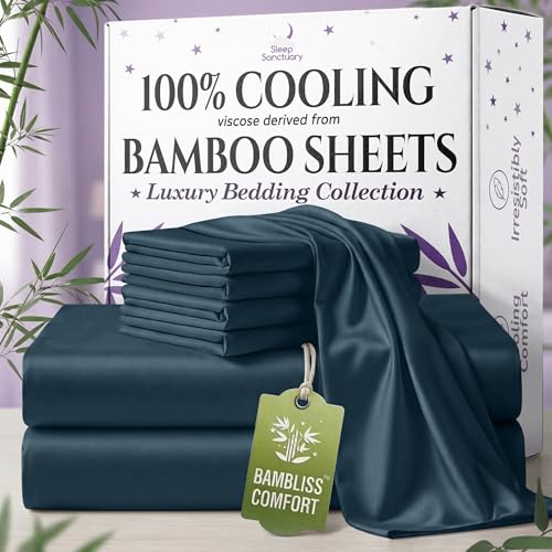 SLEEP SANCTUARY 100% Viscose Derived from Bamboo Sheets Full 6pcs – BamBliss Luxury Cooling Sheets for Hot Sleepers - Cloud Soft, 17" Deep Pocket, Ultra Durable Bed Set (Navy Blue)