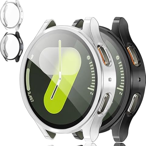 OHPROCS [2Pack Soft Cases Compatible with Samsung Galaxy Watch 7 44mm Screen Protector Case, Glossy Finish Face Cover Full Protective Screen Cover for Samsung Watch 7 44mm Accessories, Black + Silver Cover