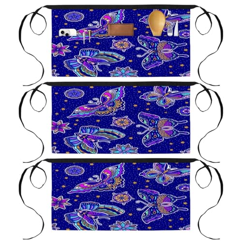 Demi-tablier pour cuisine et pâtisserie lot de 3 courts avec poches motif floral coloré