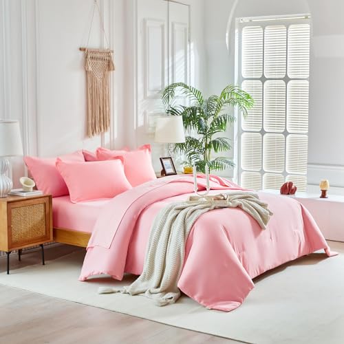 Image of Kids Comforter Sheet Set - Soft and Breathable Bed Set Includes Quilted Comforter, Fitted Sheet, Flat Top Sheet, Pillowcase and Pollowshams For Boys Girls - 6 Pieces Bed in a Bag Twin Szie Pink