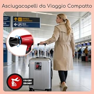 Aigostar Phon da Viaggio Pieghevole, 1500W Asciugacapellia Rosso,400g Leggero, 2 Riscaldamento, Doppia Tensione, per Famiglie, Viaggio, Bagagli a mano, Hotel, Palestra