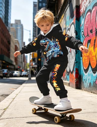 Image of Toddler Boy Clothes Dinosaur Printed Hoodies Long Sleeve Pant Sets | Toddler Clothes for Boys Sweatpants Set T-Rex Sweatshirts 2pcs Toddler Boy Outfits Fall Winter Spring