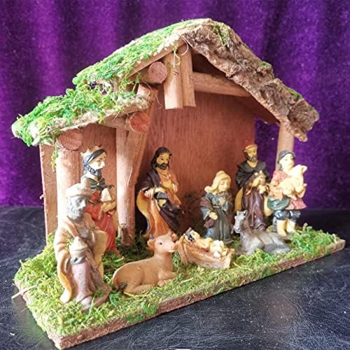 Christmas Nativity Scene with LED Light, Traditional Nativity Scene Ornamente With Resin Figures Statue & House, Christmas Crib Figure Krippe Set Nativity Manger Ornament Religious Figures Jesus Deco