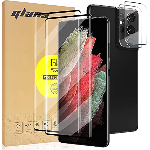 2er-Pack Displayschutzfolie aus gebogenem gehärtetem Glas, kompatibel mit Samsung Galaxy S21 Ultra 5G 6,8 Zoll + 2er-Pack HD-Kamera-Objektivschutz, unterstützt Fingerabdruck-ID-Displayschutz Cover