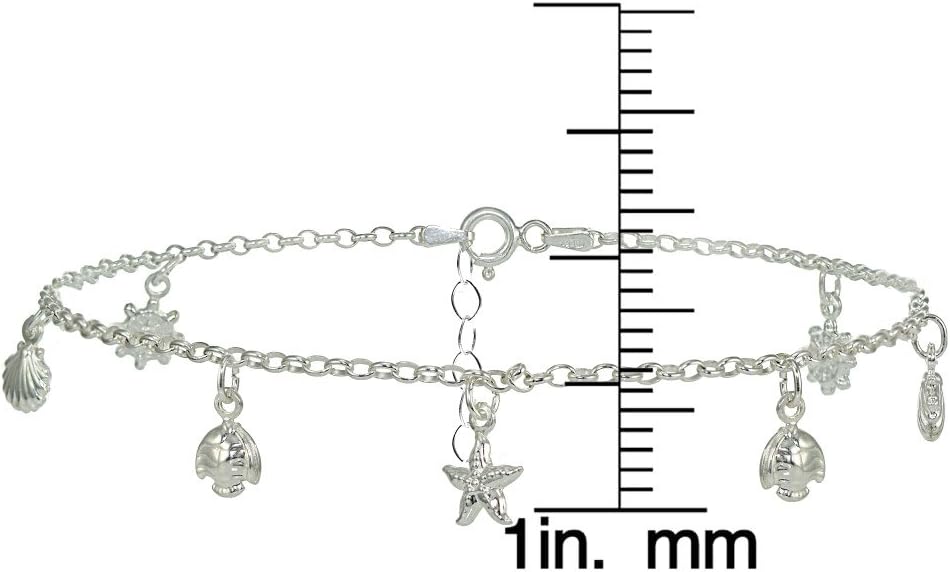 Hoops & Loops 925 Sterling Silver Rolo Chain Dangling Starfish Shell Turtle Charm Ankle Bracelet for Women Men, 9 Inch + 1" Extender Boho Cute Summer Beach Anklet Foot Jewelry