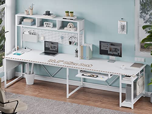 Sedeta L Shaped Gaming Desk, Reversible 94.5" Office Desk With Power Outlet And Pegboard, Gaming Desk With Led Light, Keyboard Tray And Storage Bag For Home Office, White #TOP2