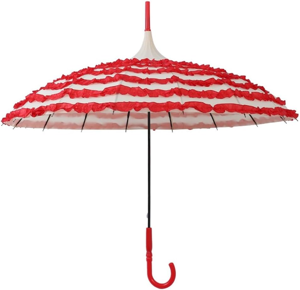 Ruffle Lace Pagoda Umbrella Sunshade Umbrella Curved Handle Umbrella Princess Umbrella Parasol Windproof Umbrella Sun Umbrella Palace Umbrella for Bride Wedding Fashion Party (Red White)