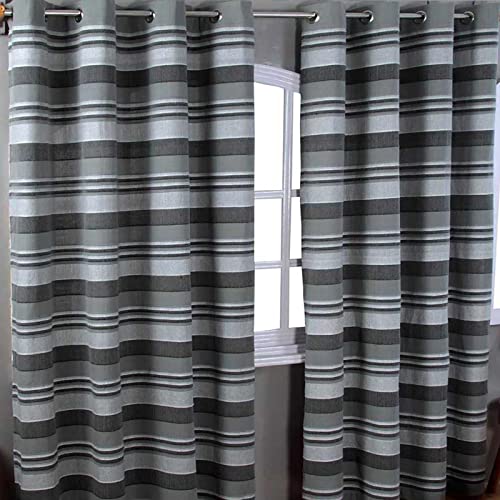HOMESCAPES Charcoal Grey Eyelet Curtain Pair 137cm (54") Wide x 137cm (54") Drop Morocco Stripe Design Ring Top Curtain Pair