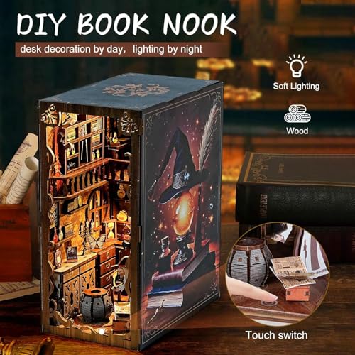 ITEFDTUTNE Book Nook Kit für Erwachsene, DIY Miniatur Puppenhaus Booknook Kit mit Led-Licht, 3D Holz Bücherregal Puzzle Booknook einfügen Dekor Handwerk für Erwachsene Teenager Geschenke, Magic Night