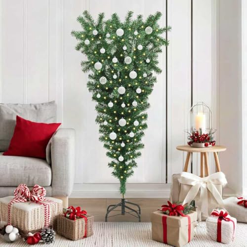 Árvore de Natal artificial invertida verde com luzes LED integradas e conjunto de bolas, 380 ramos de PVC realista, suporte metálico, USB, decoração para interior, árvore de Natal