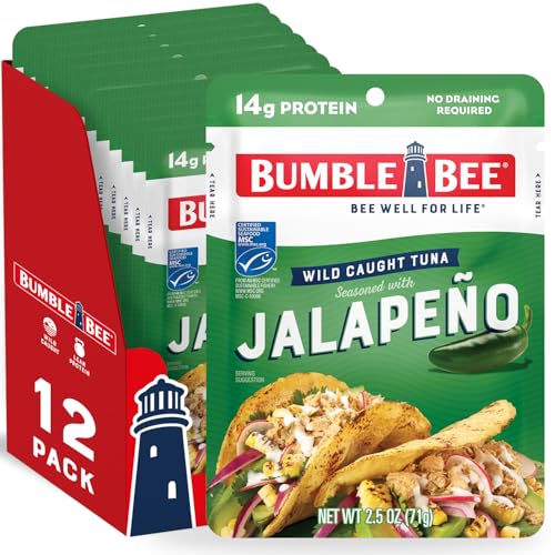 Bumble Bee Jalapeno Seasoned Tuna, 2.5 oz Pouches (Pack of 12) - Ready to Eat - Wild Caught Tuna Packet - 14g Protein per Serving - Gluten Free
