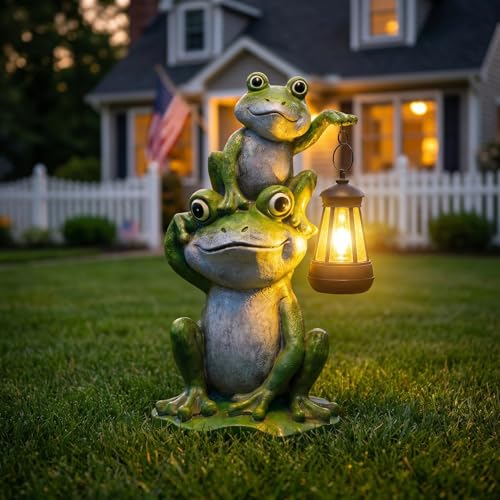 Lyeasw Solar Frog Garden Statues with Lights Waterproof Outdoor Frog Decor for Patio Porch Yard Mothers Day Gardening Gift for Mom Women & Frog Lovers